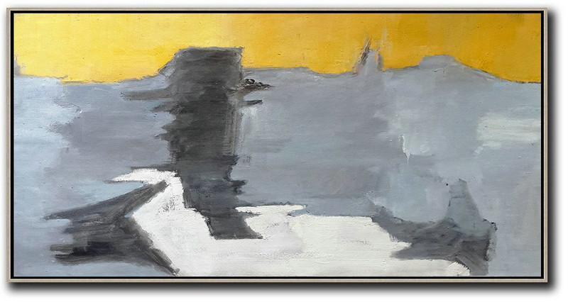 Large Contemporary Art Acrylic Painting,Horizontal Palette Knife Contemporary Art,Artwork For Sale,Yellow,Black,Grey,White.etc